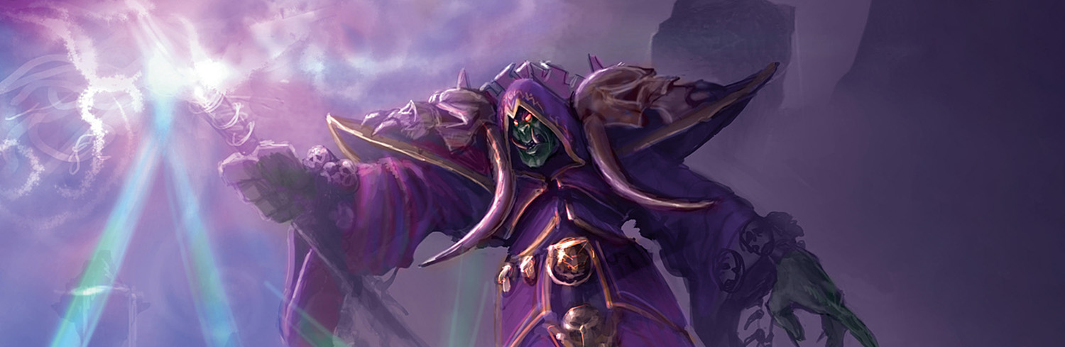 Чернокнижник в фиолетовых доспехах на тематической иллюстрации World of Warcraft