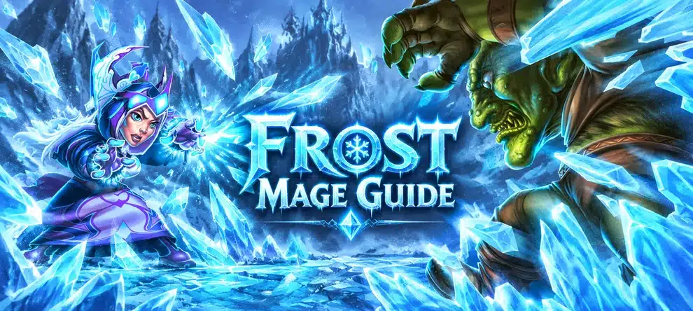 Иллюстрация Frost Mage с ледяной магией против замороженного противника; заголовок «Frost Mage Guide»