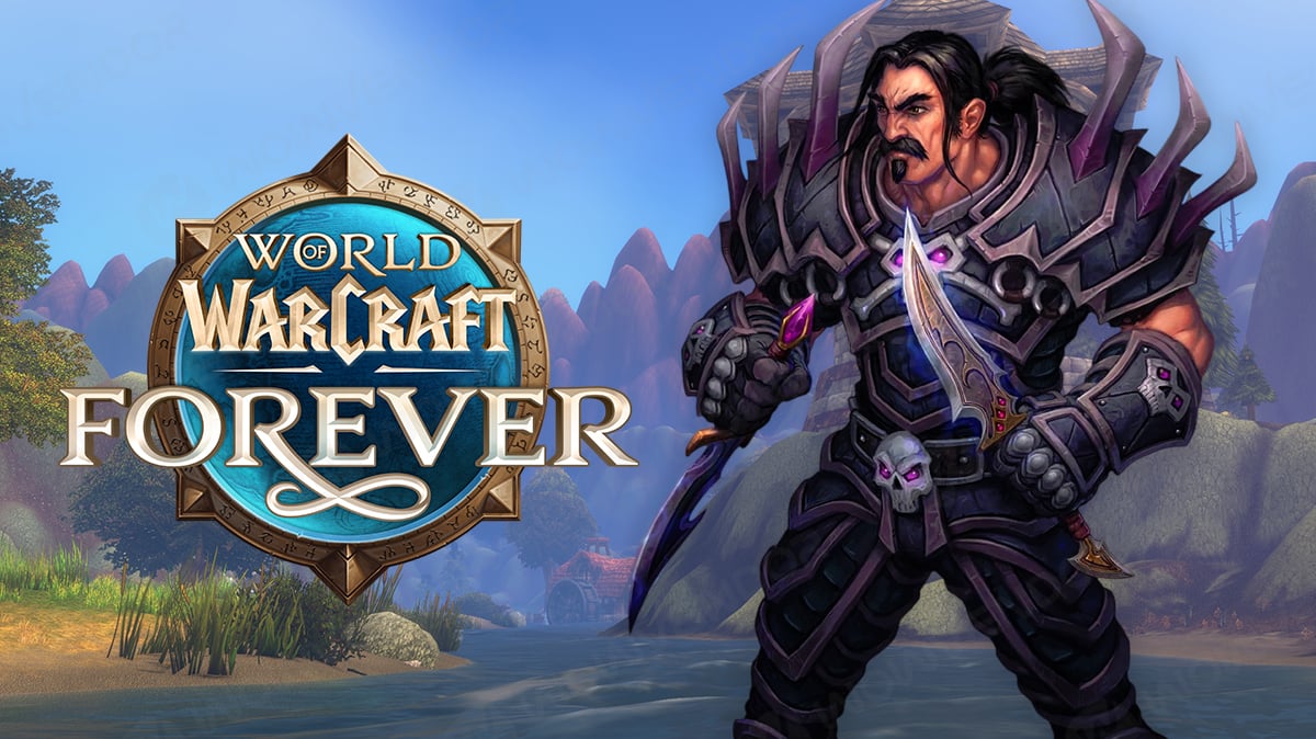 Иллюстрация к гайду WowVendor: персонаж в тёмной броне рядом с логотипом World of Warcraft: Forever.